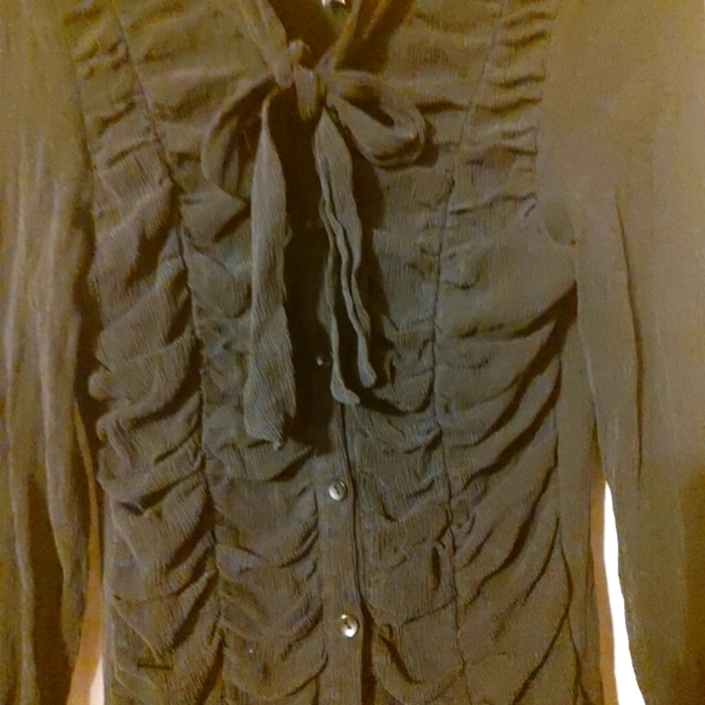🐦⬛🖤🐦⬛ Divine Vintage Genuine Silk Black Sheer Ruffled Bow Blouse Top - 12 - Picture 5 of 16